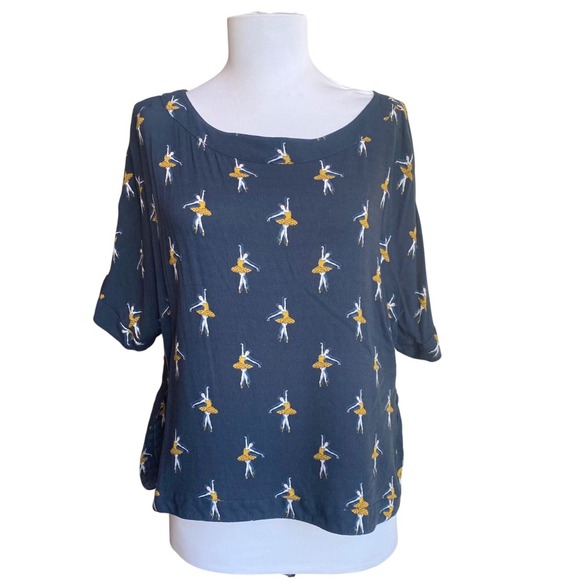 H&M Tops - BALLERINA Print Blouse Top Size 6 Navy Blue Boxy Fit Balletcore Dancer Novelty